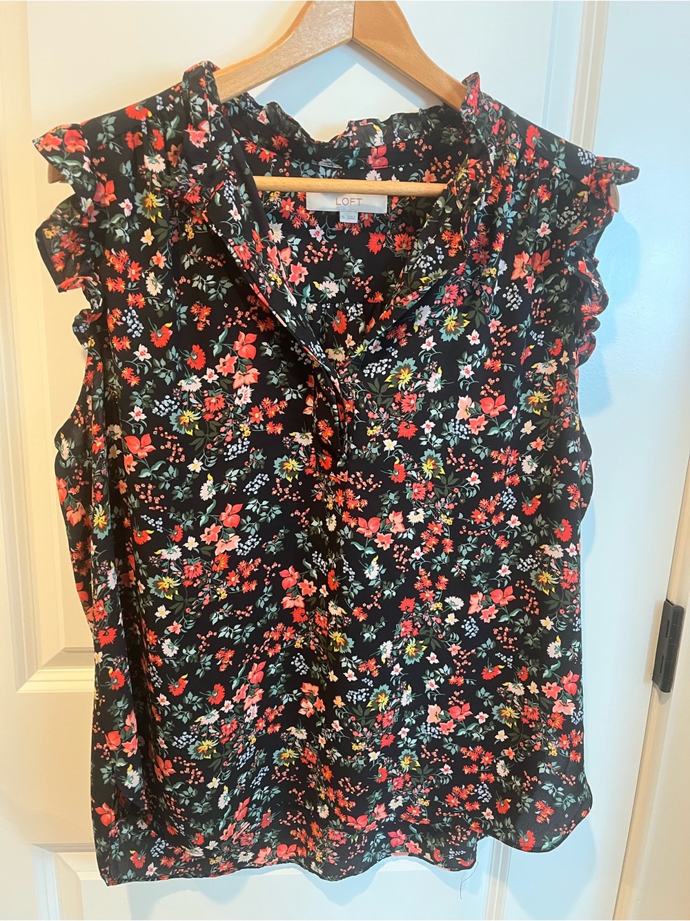 LOFT Black Floral Ruffle Cap-Sleeve Camisole - Coral, Pink & Green Print
